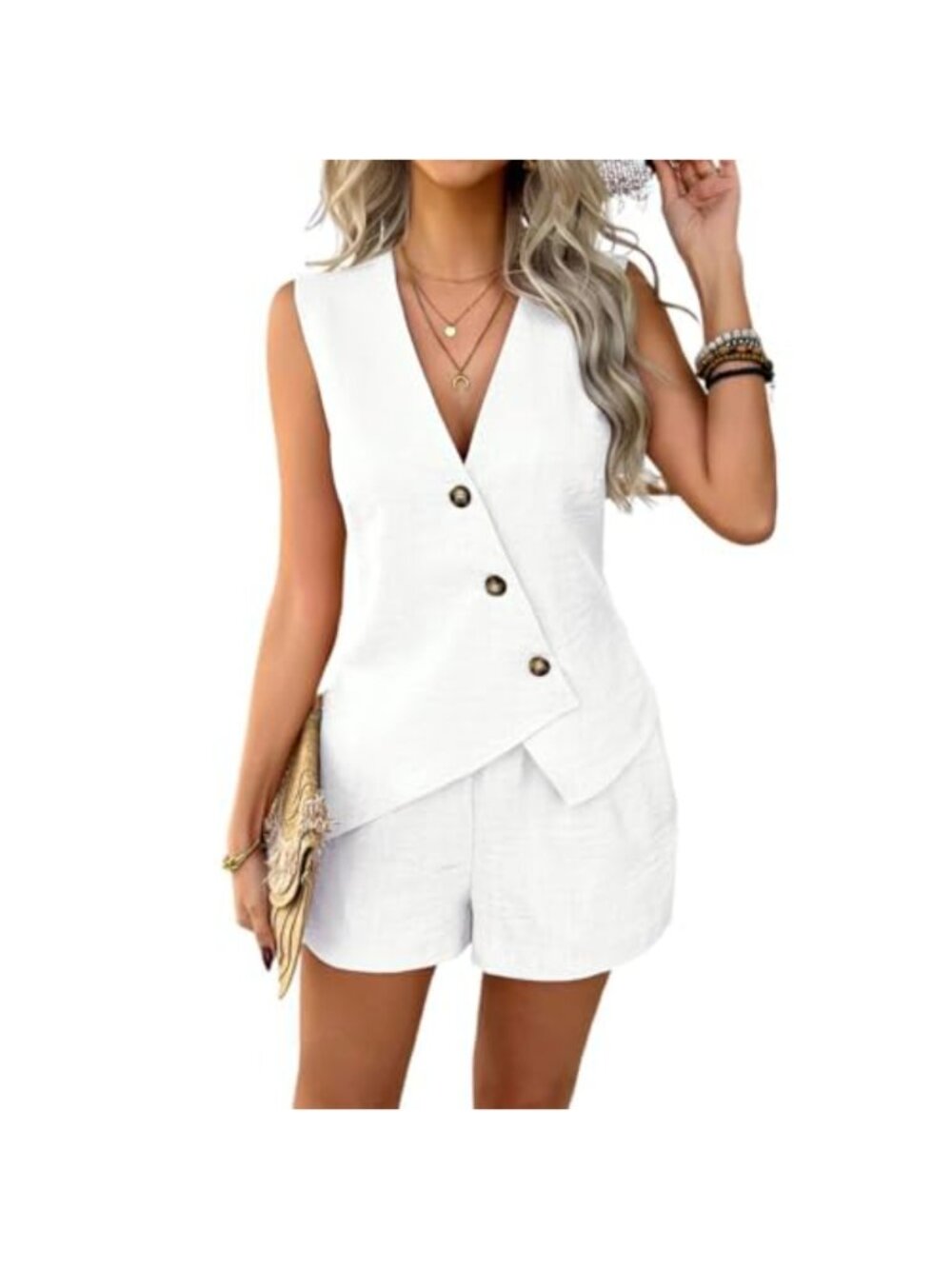 Womens 2 Piece Outfits Sleeveless Blazer Vest Shorts Set